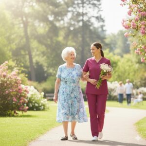 Cuidadora acompañando a una adulta mayor durante un paseo en el parque